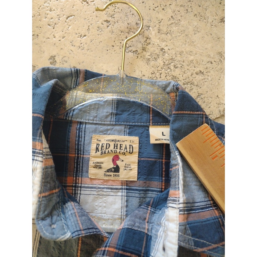 Red Head Button Up‎ Shirt Men L Blue Plaid Short Sleeve Textured Outdoors Casual - Picture 4 of 8